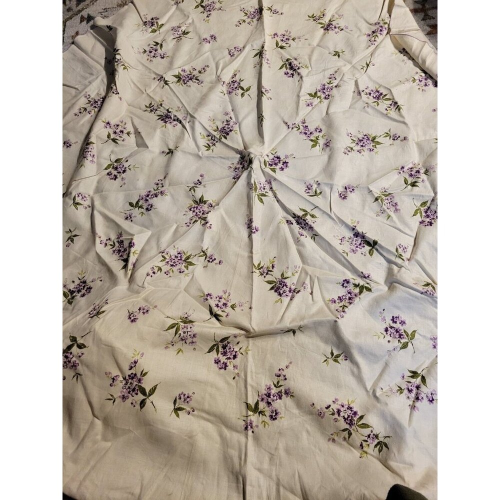 Round Tablecloth Purple Green Florals Purple Edging 66 in Diameter Vintage